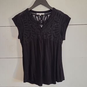 Daniel Rainn Lace Button Short Sleeve Round Neck Blouse Black Women Small